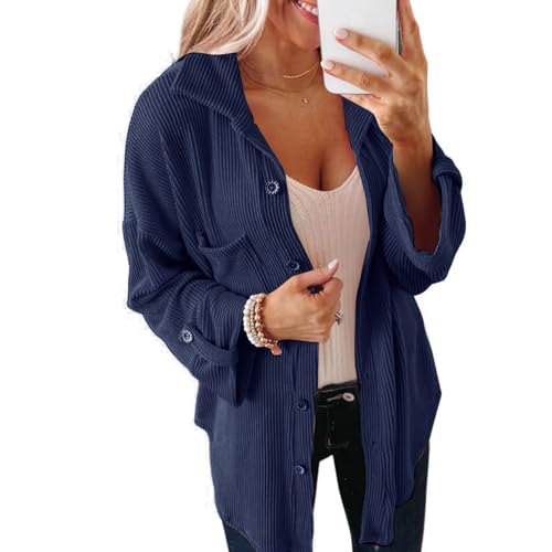 YUTILA Damen Cordjacke V-Ausschnitt Langarm Button Down Hemdjacke Einfarbig Corduroy Dünne Cordhemd Bluse mit Tasche YUTILA Damen Cordjacke V-Ausschnitt Langarm Button Down Hemdjacke Einfarbig Corduroy Dünne Cordhemd Bluse mit Tasche von YUTILA