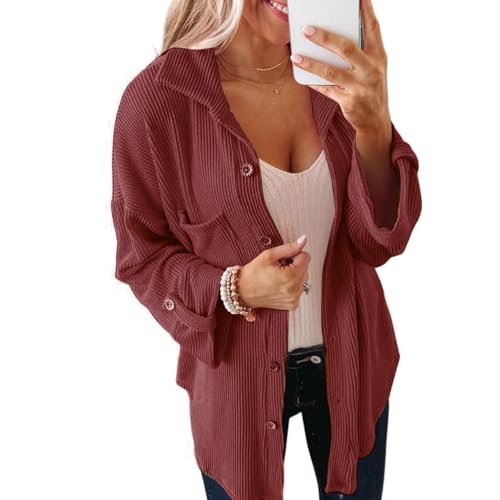 YUTILA Damen Cordjacke V-Ausschnitt Langarm Button Down Hemdjacke Einfarbig Corduroy Dünne Cordhemd Bluse mit Tasche von YUTILA