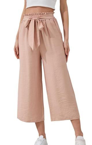 YUTILA Damen Culotte mit Gummibund und Bindegürtel, 7/8-Hose,Mit Weitem Bein und Taschen,luftige Sommerhose in 7/8-Länge,Strandhose von YUTILA