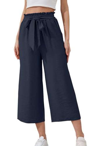 YUTILA Damen Culotte mit Gummibund und Bindegürtel, 7/8-Hose,Mit Weitem Bein und Taschen,luftige Sommerhose in 7/8-Länge,Strandhose von YUTILA