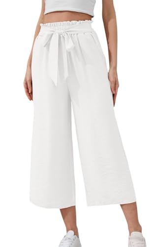 YUTILA Damen Culotte mit Gummibund und Bindegürtel, 7/8-Hose,Mit Weitem Bein und Taschen,luftige Sommerhose in 7/8-Länge,Strandhose von YUTILA