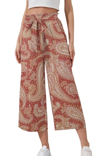 YUTILA Damen Culotte mit Gummibund und Bindegürtel, 7/8-Hose,Mit Weitem Bein und Taschen,luftige Sommerhose in 7/8-Länge,Strandhose von YUTILA