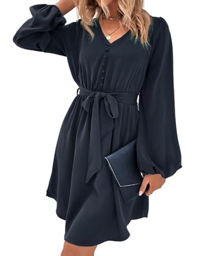 YUTILA Damen Elegant Blusenkleid V-Ausschnitt Langarm Herbst Tunika Kleider mit Kordelzug Einfarbig Freizeitkleid von YUTILA