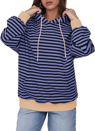 YUTILA Damen Gestreift Langarm Hoodie Kapuzenpullover Sweatshirt Pullover Locker Mit Tasche Herbst Winter von YUTILA