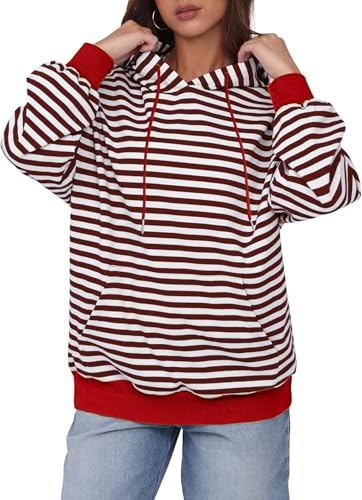 YUTILA Damen Gestreift Langarm Hoodie Kapuzenpullover Sweatshirt Pullover Locker Mit Tasche Herbst Winter von YUTILA