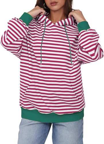 YUTILA Damen Gestreift Langarm Hoodie Kapuzenpullover Sweatshirt Pullover Locker Mit Tasche Herbst Winter von YUTILA
