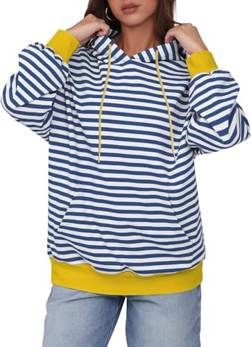 YUTILA Damen Gestreift Langarm Hoodie Kapuzenpullover Sweatshirt Pullover Locker Mit Tasche Herbst Winter von YUTILA