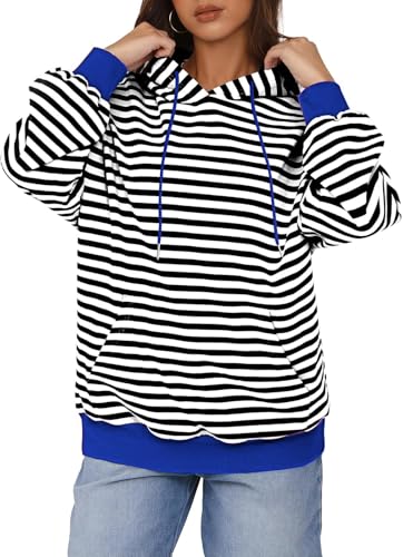 YUTILA Damen Gestreift Langarm Hoodie Kapuzenpullover Sweatshirt Pullover Locker Mit Tasche Herbst Winter von YUTILA