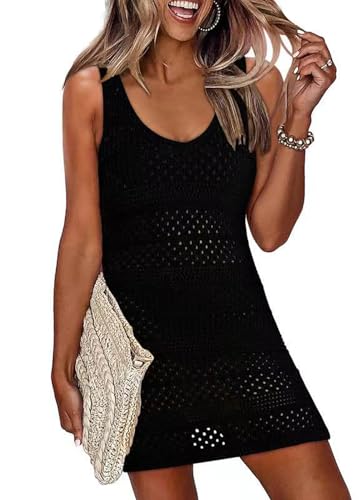 YUTILA Damen Gestrickte Strandkleid Boho Kurz Häkeln Badeanzüge Bikini Cover Up Strand Bademode Ärmellos Sommerkleid Beachwear Sexy von YUTILA