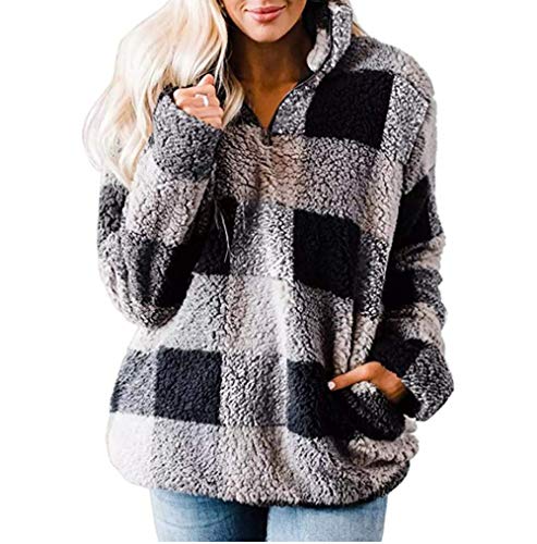 YUTILA Damen Gitter Revers Pullover Winter Teddy-Fleece 1/4 Reißverschluss Outwear Mantel Mode Warm Plüsch Sweatshirt Mantel von YUTILA