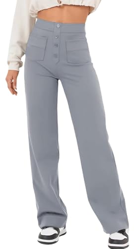 YUTILA Damen Hosen Gerade Geschnitten Hose Hohe Taille Dehnbar Freizeithose Lang mit Taschen von YUTILA