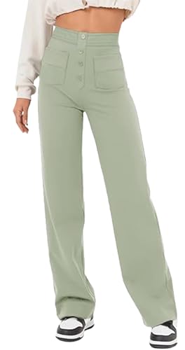 YUTILA Damen Hosen Gerade Geschnitten Hose Hohe Taille Dehnbar Freizeithose Lang mit Taschen von YUTILA