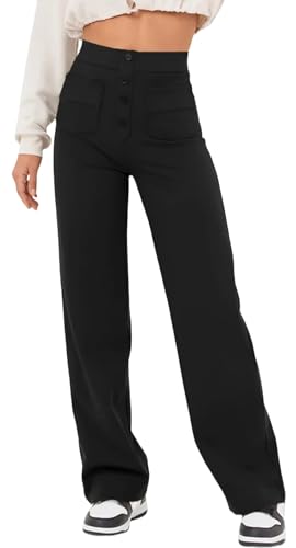 YUTILA Damen Hosen Gerade Geschnitten Hose Hohe Taille Dehnbar Freizeithose Lang mit Taschen von YUTILA
