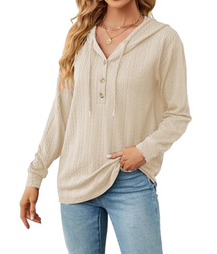 YUTILA Damen Kapuzenpullover Langarm Einfarbig Knopfleiste mit Kapuze Kordelzug Herbst Winter Sweatshirt Freizeitkleidung von YUTILA