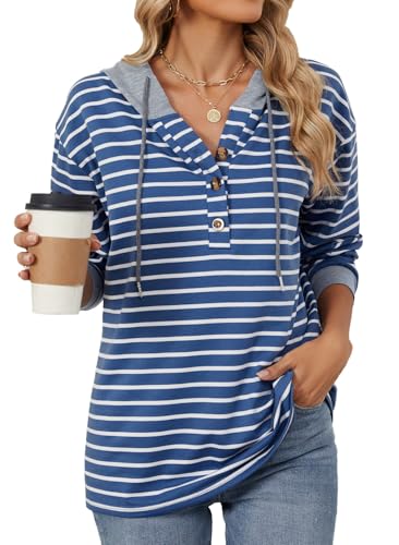 YUTILA Damen Kapuzensweatshirt Langarm Streifen V-Ausschnitt Hoodie Freizeit Lässiger Sweatshirt von YUTILA