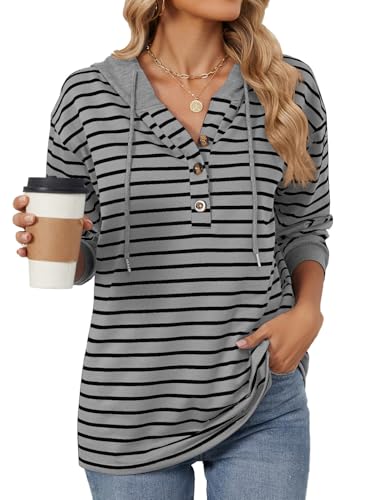 YUTILA Damen Kapuzensweatshirt Langarm Streifen V-Ausschnitt Hoodie Freizeit Lässiger Sweatshirt von YUTILA