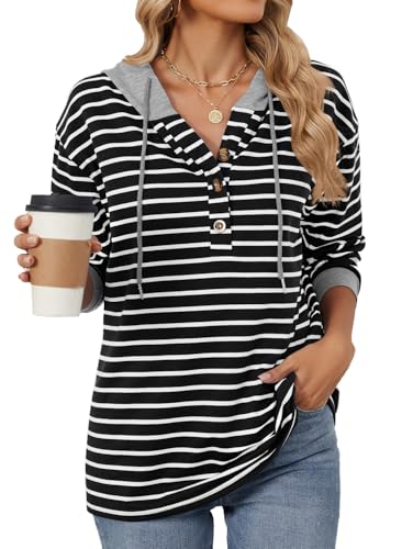 YUTILA Damen Kapuzensweatshirt Langarm Streifen V-Ausschnitt Hoodie Freizeit Lässiger Sweatshirt von YUTILA