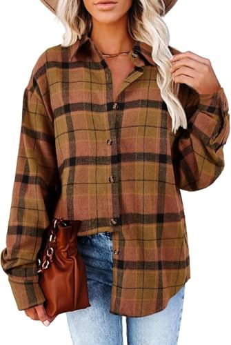 YUTILA Damen Kariert Bluse Langarm Casual Lose V-Ausschnitt Hemdbluse Button Down Hemdjacke YUTILA Damen Kariert Bluse Langarm Casual Lose V-Ausschnitt Hemdbluse Button Down Hemdjacke von YUTILA