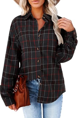 YUTILA Damen Kariert Bluse Langarm Casual Lose V-Ausschnitt Hemdbluse Button Down Hemdjacke von YUTILA