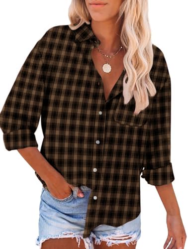 YUTILA Damen Kariertes Hemdbluse Langarm V-Ausschnitt Freizeithemd Lockere Bluse Karohemd Oberteil mit Tasche von YUTILA