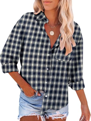 YUTILA Damen Kariertes Hemdbluse Langarm V-Ausschnitt Freizeithemd Lockere Bluse Karohemd Oberteil mit Tasche von YUTILA