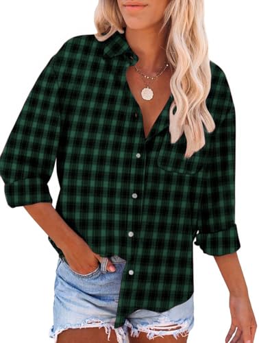 YUTILA Damen Kariertes Hemdbluse Langarm V-Ausschnitt Freizeithemd Lockere Bluse Karohemd Oberteil mit Tasche von YUTILA
