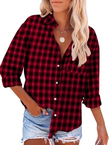 YUTILA Damen Kariertes Hemdbluse Langarm V-Ausschnitt Freizeithemd Lockere Bluse Karohemd Oberteil mit Tasche von YUTILA