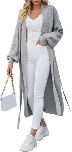 YUTILA Damen Lang Strickcardigan Weiches Strickmaterial Lockerer Schnitt mit Verstellbarem Taillengürtel Strickjacke Cardigan Strickmantel von YUTILA