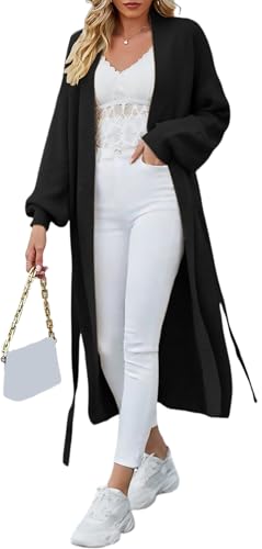 YUTILA Damen Lang Strickcardigan Weiches Strickmaterial Lockerer Schnitt mit Verstellbarem Taillengürtel Strickjacke Cardigan Strickmantel von YUTILA