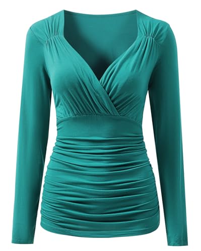 YUTILA Damen Langarm Bluse Elegant Plissee Slim Fit V-Ausschnitt Wickelbluse Oberteil von YUTILA