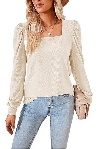 YUTILA Damen Langarmshirt Casual Elegant Oberteil V-Ausschnitt/Quadratischem Ausschnitt Tunika für Alltag Business von YUTILA