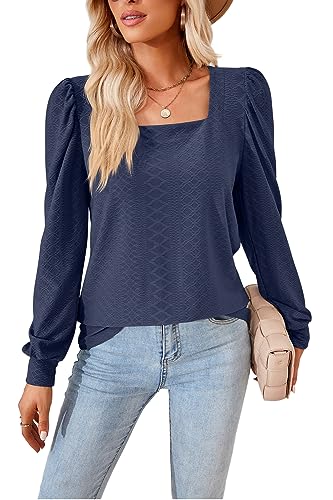 YUTILA Damen Langarmshirt Casual Elegant Oberteil V-Ausschnitt/Quadratischem Ausschnitt Tunika für Alltag Business von YUTILA