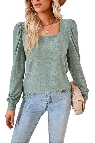 YUTILA Damen Langarmshirt Casual Elegant Oberteil V-Ausschnitt/Quadratischem Ausschnitt Tunika für Alltag Business von YUTILA