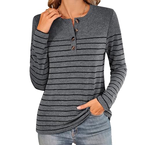 YUTILA Damen Langarmshirt Querstreifen Loose Fit Shirt Vier Knöpfen am Rundhalsausschnitt Pullover Basic Lässige Oberteile von YUTILA