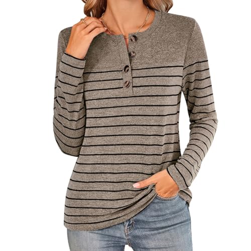 YUTILA Damen Langarmshirt Querstreifen Loose Fit Shirt Vier Knöpfen am Rundhalsausschnitt Pullover Basic Lässige Oberteile von YUTILA