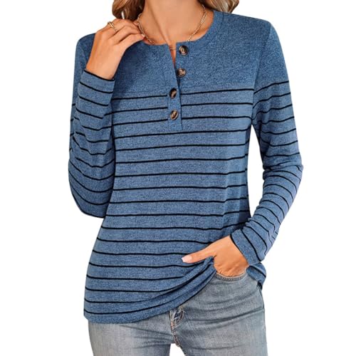 YUTILA Damen Langarmshirt Querstreifen Loose Fit Shirt Vier Knöpfen am Rundhalsausschnitt Pullover Basic Lässige Oberteile von YUTILA