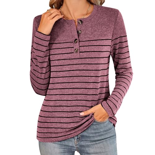 YUTILA Damen Langarmshirt Querstreifen Loose Fit Shirt Vier Knöpfen am Rundhalsausschnitt Pullover Basic Lässige Oberteile von YUTILA