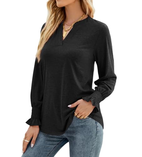 YUTILA Damen Langarmshirt Lockere Basic Lässiges Oberteil Elegant V-Ausschnitt Einfarbig Tunika von YUTILA