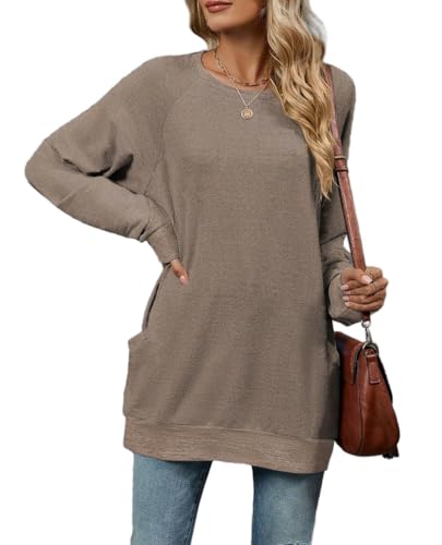 YUTILA Damen Pullover Rundhals Gestreift/Einfarbig Lässig Langarm Strickpullover Longshirt Tunika mit Taschen von YUTILA