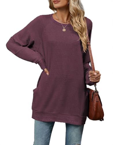 YUTILA Damen Pullover Rundhals Gestreift/Einfarbig Lässig Langarm Strickpullover Longshirt Tunika mit Taschen von YUTILA