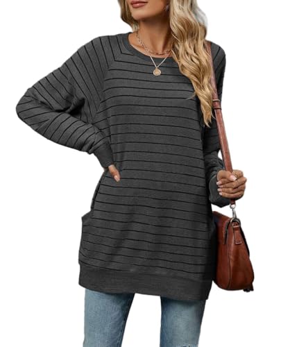 YUTILA Damen Pullover Rundhals Gestreift/Einfarbig Lässig Langarm Strickpullover Longshirt Tunika mit Taschen von YUTILA