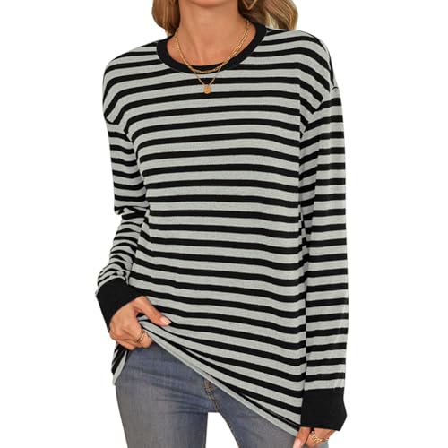 YUTILA Damen Langarmshirt Streifen Rundhals Gestreift Lässig Casual Locker Sweatshirt Oberteile von YUTILA