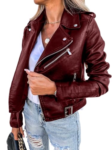 YUTILA Damen Lederjacke – Bikerjacke aus Kunstleder mit Reißverschluss, Gürtel und Reverskragen, Kurzjacke im Rock-Style von YUTILA