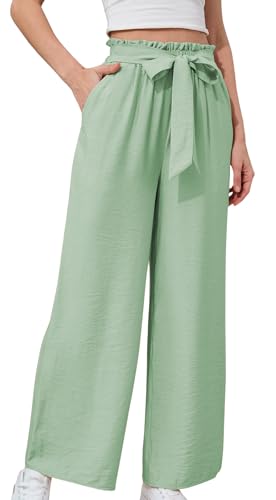 YUTILA Damen Leichte Sommerhose mit Bund und Bindegürtel – Luftige Bequem Viskose High Waist Weit Bein Hose Strandhose von YUTILA