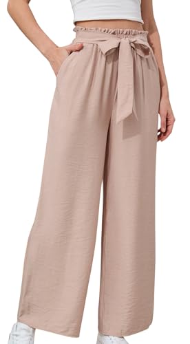 YUTILA Damen Leichte Sommerhose mit Bund und Bindegürtel – Luftige Bequem Viskose High Waist Weit Bein Hose Strandhose von YUTILA