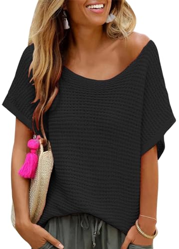 YUTILA Damen Loose Kurzarmpullover Casual Rundhals Lockere Sommer Strickpullover In luftgem Ajourstrick,sommerlich von YUTILA