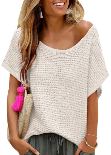 YUTILA Damen Loose Kurzarmpullover Casual Rundhals Lockere Sommer Strickpullover In luftgem Ajourstrick,sommerlich von YUTILA
