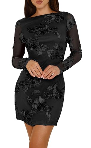 YUTILA Damen Minikleid mit Blumenspitze – Elegantes Cocktailkleid Abendkleid mit Langen Ärmeln, figurbetont, gefüttert von YUTILA