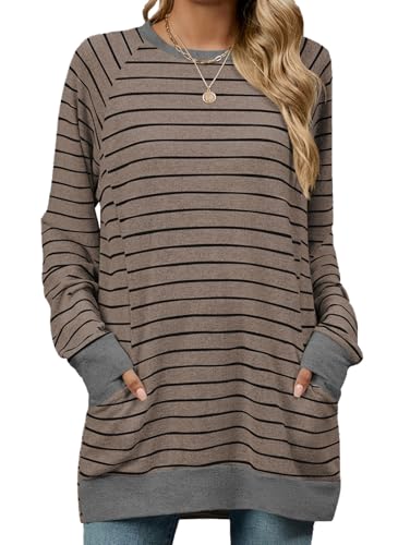 YUTILA Damen Sweatshirt Pullover Gestreiftes Rundhalsausschnitt Longshirt Langarmshirt Lässige mit Tasche für Frühling Übergangszeit von YUTILA