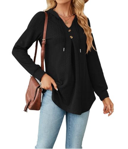 YUTILA Damen Pullover Langarm Herbst Winter Kapuzenpullover V-Ausschnitt A-Linie Pulli Oberteile Tunika von YUTILA